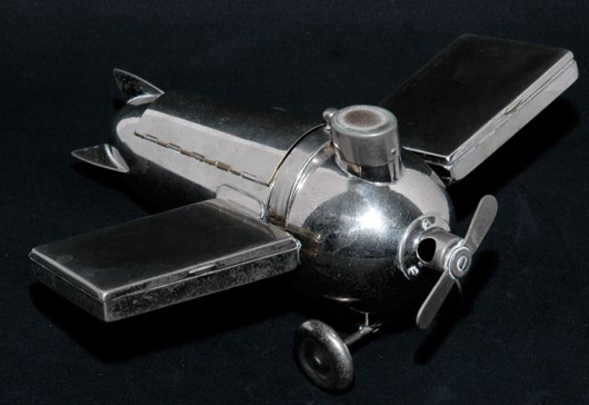 Art Deco silverplated airplane smoker's companion by Deutches Reich Gebrauchsmuster. Estimate $5,000-$7,000. Image courtesy Gray's Auctioneers.